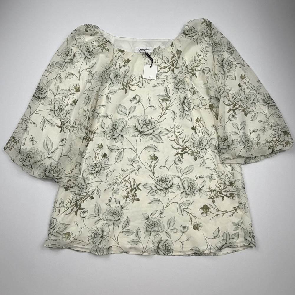 Calvin Klein Floral Blouse Women's XS Cream & Sage Green Puff Sleeve Top NWT